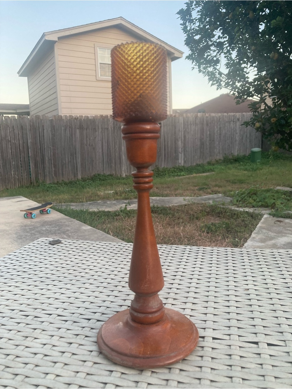 Vintage Amber Glass and Wood Candle Holder - Home Accents